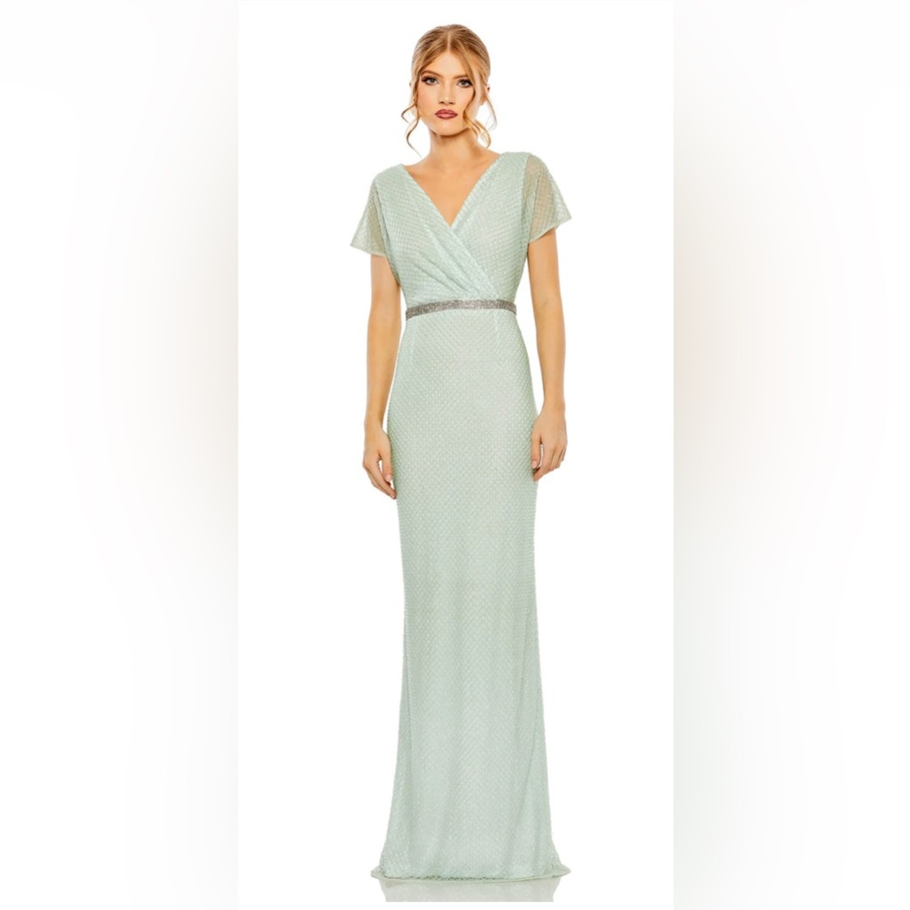 Mac Duggal SHORT SLEEVE BEADED V-NECK GOWN.  2069